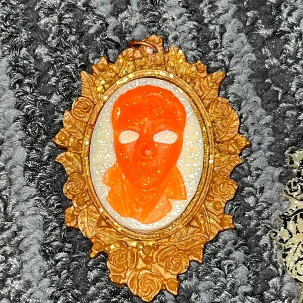 Copper Floral Frame Pendant with Orange Cameo Cabochon | Handmade Glitter Resin